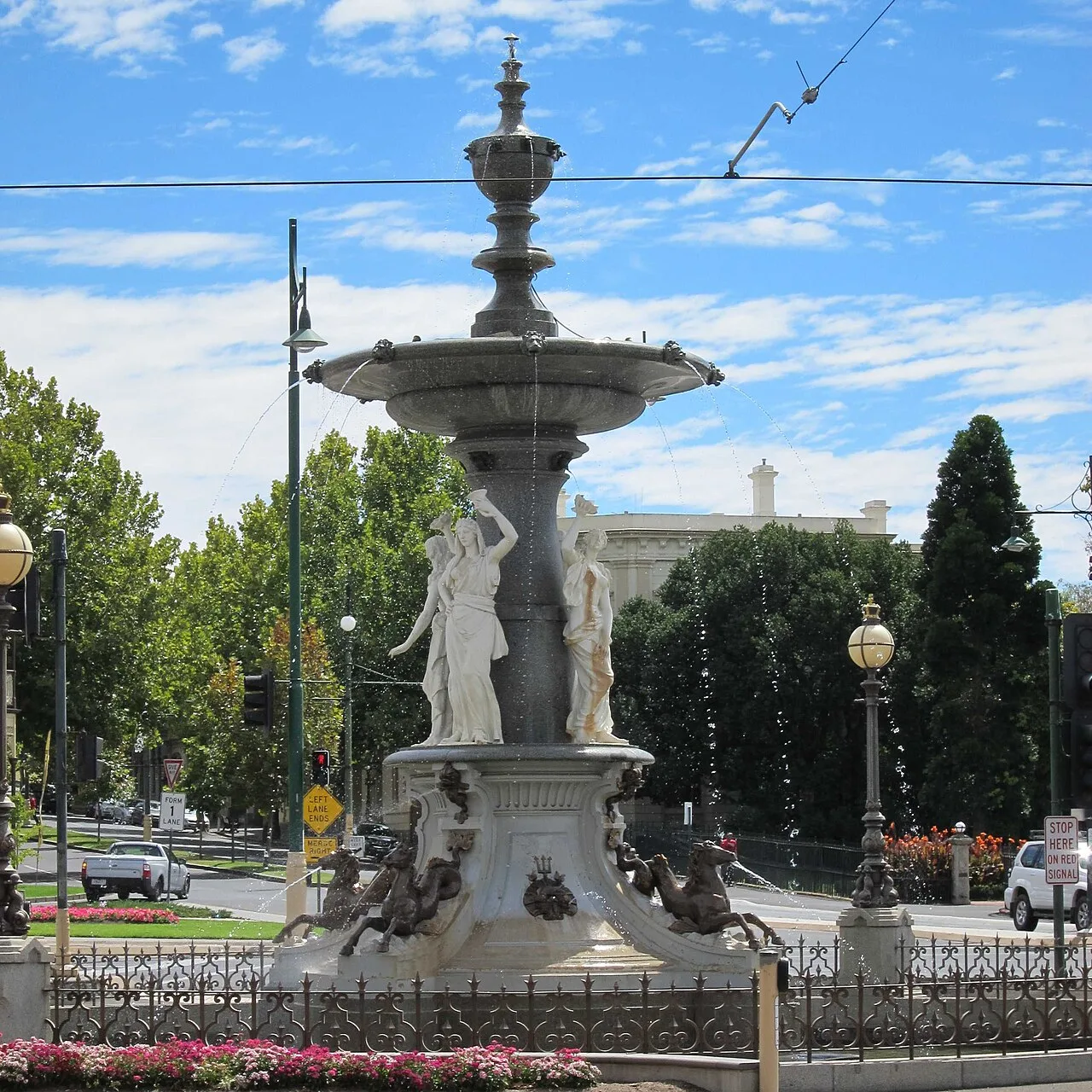 View of Alexandra Fountain (built 1881) situated in 'Charing Cross' (the intersections of View St and Pall Mall, in Bendigo, Victoria, Australia.